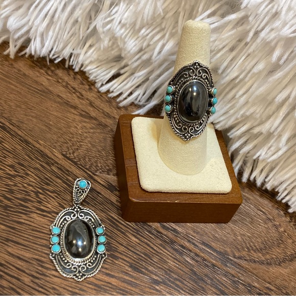 Set Turquoise and Hematine Statement Ring and Pendant Sterling Silver - Picture 1 of 15